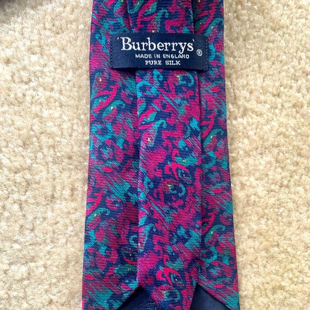 Burberry Teal Navy Blue And Burgundy Silk Tie